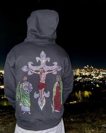 Y2K Harajuku zip up hoodie Gothic Crucifix surface water plated diamond process hoodies streetwear American Hip Hop sweatshirts 240131