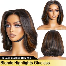 250 Density Peruvian Soft Hair Blonde Highlight Full Short Lace Front Glueless Bob Wig for Black Women HD Lace Stacked Wig 13x4 Lace Frontal Wig Preplucked