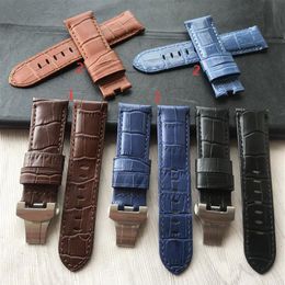 24mm Handmade Black blue Stitched Genuine Calf Leather Watch Strap Band For deployment buckle Watchband Strap for PAM303a