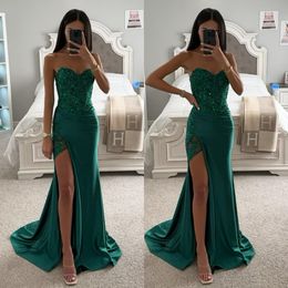 Green Mermaid Emerald Prom Sweetheart Satin Evening Elegant Bone Bodice Pleats Split Formal Long Special Ocn Party Dress Promdress Robe De Soiree dress