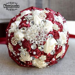 Kyunovia Burgundy Brooch Bouquet Ivory Bride Bouquets De Mariage Artificial Crystal Wedding Flowers Buque De Noiva 4 Colours FE86227m