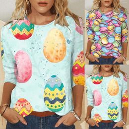 Women's T Shirts Fashionable Round Neck Casual Easter Egg Print Three Quarter Sleeve Shirt