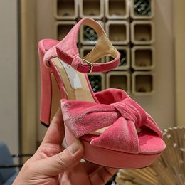 Top Quality Designers High-heeled Sandal Velvet Bow Silk Satin Sandals Womens Shoes Rhinestone Crystal Ball Embellishment 12cm Heeled Shoes Platform Sandal 34-42