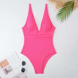 Women's Swimwear One Piece Swimsuit For Women Deep V Neck Ribbbed Underwire High Waist Bikini Solid Pink Black Bathing Suit Backless