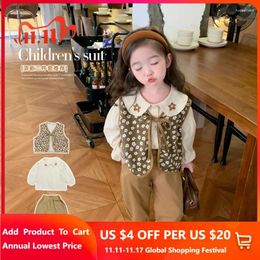 Clothing Sets Autumn Spring 3 Pieces Clothes Set Baby Girl Retro Floral Vest Cotton Shirt And Pant Suit Children Girls Coat Jacket Outfits