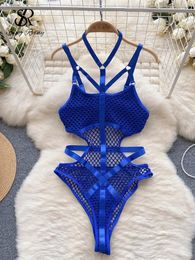 Work Dresses SINGREINY Fashion Sheer Mesh Sheath Playsuit 2024 Lingerie Halter Sensual Slim Shapewear Women Erotic Hollow Out Sexy Bodysuit