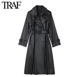 Women's Trench Coats Women Fashion Stand Collar Long Sleeve Double Breasted Windproof Coat Chic Female Black Pu Artificial Leather