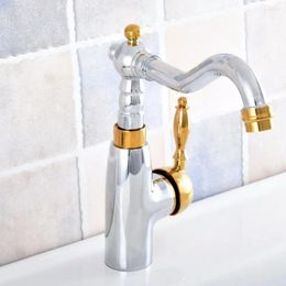 Bathroom Sink Faucets Polished Chrome & Gold Color Brass Swivel Single Handle Kitchen Wet Bar Vessel Faucet Mixer Tap One Hole Asf816