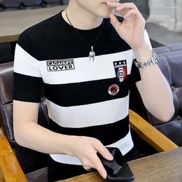 Men's T Shirts Men Clothing 2024 Ice Silk Knitted Short Sleeve T-shirt Summer Trend Brand Striped Half Youth Casual Top