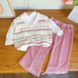 Clothing Sets Autumn Girls Fashion Knitwear Sweater Vest Base Shirt And Trousers Three-piece Set Children's Collegiate Style Cotton Clothes