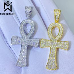 Necklaces Moissanite S925 Silver Round Ankh Cross Pendants Necklace Real Diamond Iced Out Necklaces For Men Women Jewelry Pass Test Free