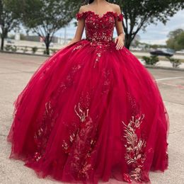 Luxury Red Off The Shoulder Quinceanera Dresses Beads Appliques Handmade Flowers Princess Ball Gowns Sweet 15 Party Wear