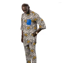 Ethnic Clothing African Print Men's Shirts Trousers Tailor Made 3/4 Sleeve Sets Nigerian Fashion Male Groom Party Wear