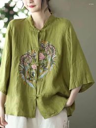 Women's Blouses Ethnic Style Heavy Industry Embroidery Cotton Linen Blouse Literature And Art Button Stand Collar Loose Oversize Shirt