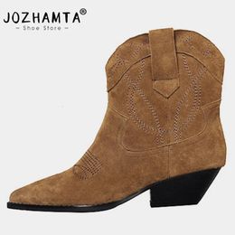 JOZHAMTA Size 34-43 Women Ankle Boots Genuine Leather Chunky High Heels Shoes For Women Winter Suede Luxury Brand Cowboy Boots 240124