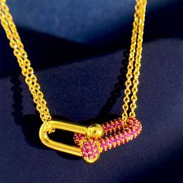 T Brand designer necklaces buckle pink diamond charm necklace 18k gold plated love U-shaped horseshoe buckle bamboo collarbone nec308K