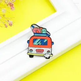 Brooches Go Swimming By Bus Enamel Pin Circle Knapsack Sea Wave Sandy Beach Travel Adventure Love Badge