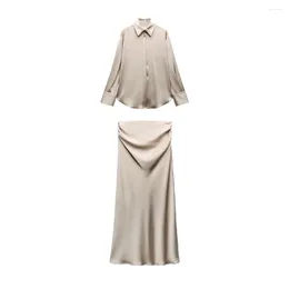 Work Dresses Zach AiIsa's Women's Style Long-sleeved Silk Satin Textured Shirt Pleated Decorative Midi Skirt