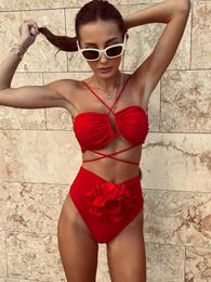 Women's Swimwear 2024 New Sexy Halter Bandage Bikini Set High Waist Swimsuit For Women 3D Three-Dimensional Flower Swimwear Female Swimming Suit J240131