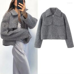 Women's Jackets TRAF Grey Cropped Jacket For Woman 2024 Fashion Lapel Long Sleeve Jackes Chic Patch Pocket Metal Zip Coats Women Warm