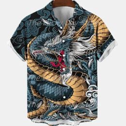 Men's Casual Shirts Summer Mens Social Casual Vintage Floral Hawaiian Oversize Short Sleeve Shirt Street Luxury Dragon Pattern Element Clothing Hot