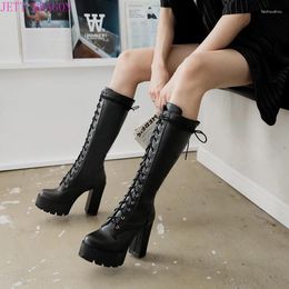 Boots Women Black White High Heels Knee Ladies Autumn Winter Modern Platform Long Shoes Bottes Plateforme Femme