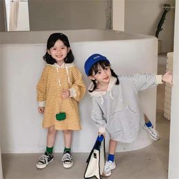 Girl Dresses 2024 Korean Spring Autumn Children Dress Striped Hoodie Drawstring Loose Cotton Stretch Toddler Girls Outfit