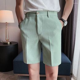 Men's Shorts Summer Straight Suit Waffle Quarter Pants Solid Colour Thin Casual Dress Green