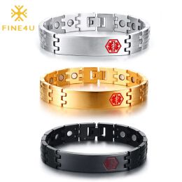 Bracelets FINE4U B385 Adjustable Medical Alert Bracelets for Men Titanium Steel Magnetic Bracelet Health Jewelry