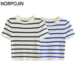 Women's T Shirts Stripe Shirt Women Crop Tight Tops Knitwear Y2k Clothes Knitted T-shirts Chic Lady Fashion Woman Blouses 2024 Top Tees