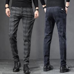 Autumn Men's Brushed Plaid Casual Pants Fashion Korean Elastic Cotton Slim Straight Work Trousers Brand Clothes Black Grey Blue 240124