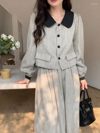 Two Piece Dress Sweet Stitching Contrast Colour Women's Suit Jacket Skirt Spring And Autumn Simple Lapel Short Coat High Waist Pleated Set