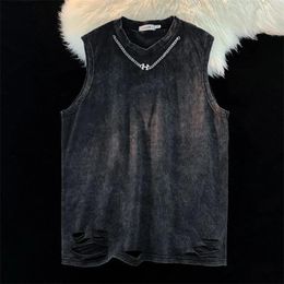 Men's Tank Tops Distressed Washed Vest Vintage Sleeveless With Chain Cotton TShirts Summer Solid Simple Unisex Y2k T-shirt