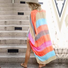 Women's Swimwear 2024 Boho Multicolor Striped Robes Bathing Suit Cover-ups Plus Size Beach Wear Kimono Dress Women Summer Swimsuit Cover Up