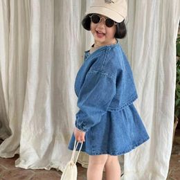 Clothing Sets Children Set Korean Style 2024 Spring Fashionable Denim Skirt Coat Sweet Solid Color Two-piece Casual Cute