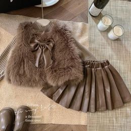 Clothing Sets Baby Girls Clothes Set Faux Fur Vest Coat Autumn Winter Children Woollen Sweater Knitted Tops Velvet Pleated Leather Skirt 1-8Y