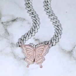 Choker Iced Out Bling 5A Cubic Zirconia White Pink Two Tone Colour Butterfly Fashion Cuban Link Chain Choker Necklace Jewellery For W301Z