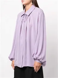 Women's Blouses Shirt Solid Turn-Down Collar Lace-Up Covered Button Spring Vintage Loose Lantern Sleeve Blouse