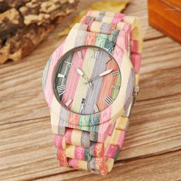 Bamboo Wood Watches Men Women Customised Handmade Colourful Bamboo Wooden Male Ladies Quartz Couple Wrist Watch Date Clock Gift1210r