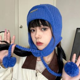 Korean Ins Fashion Bomber Hat Autumn and Winter Thickened Ear Protection Warm Knitted Flight Cap Men Blue Pom-pom Womens Hats 240127