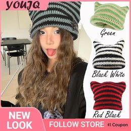 Japanese Streetwear Harajuku Beanie Little Devil Striped Knitted Hats for Women Men Girls Autumn Winter Cute Cat Ears Cap Gorra 240131