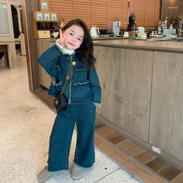 Clothing Sets Autumn Girls Vintage Denim Clothes Set Kids Raw Edge Coat And Wide Leg Jeans 2Pcs Children Suit