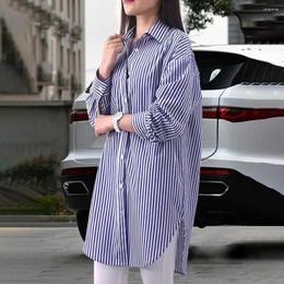 Women's Blouses Women Shirt Striped Print Spring Fall With Split Hem Single-breasted Turn-down Collar Long Sleeve Buttons Soft Mid