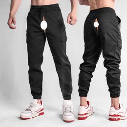 Men's Pants Outdoor Open Crotch Sex Invisible Zipper Cotton Sports Jogger Workout Running Sweatpants Athletic Training Pockets