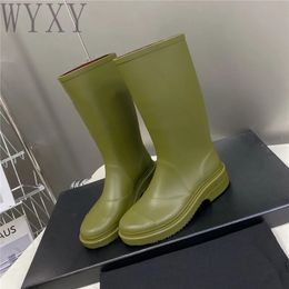 Spring And Autumn Women's Rainboots Low Heels Mid Calf Boots Flat Thick Sole Round Toe Slip On Waterproof Casual Long Boots 240125