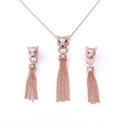 Fashion Wild exaggerated luxurious Necklace Leopard head tassels Full diamonds earring Party Birthday Gift Designer Jewelry Sets PKC036