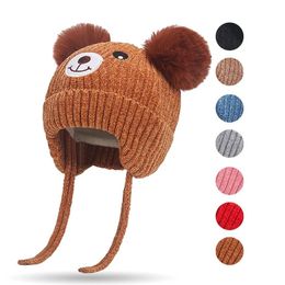 Cute Bear Pom Baby Hat Winter Caps Ear Protection Knitted Wool Warm Hat For Kids Boys Girls Beanie Children Bonnet 0-5Years 240123