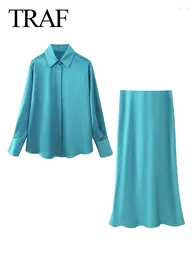 Work Dresses Women's Fashion Satin Loose Blue Blouses Vintage Long Sleeve Button-up Shirts Tops Folds Skirts 2 Piece Suit Mujer
