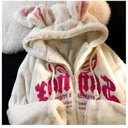 Cute Rabbit Big Ear Lamb Wool Sweater Embroidery Hoodies Women Korean Thickened Wooly Zip Up Hoodies Kawaii Goth Y2k Clothes 240126