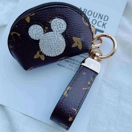 Presbyopia Keychain Buckles Car Keys Holder Bag Key Ring Cute Brown Flower Rhinestone Mouse PU Leather Keyring Pendant Fashion Des192P